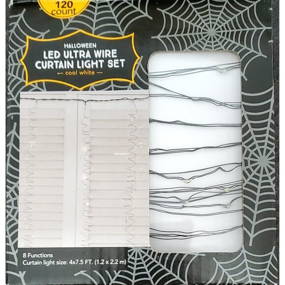 New Halloween LED Wire Curtain 120 Light Set Electric 8 Functions Clear White - Picture 1 of 2